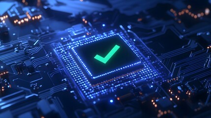 Close-up of illuminated microchip with glowing checkmark, symbolizing security and validation in advanced technology and electronics.