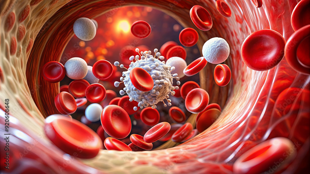 Poster red and white blood cells interact dynamically in the bloodstream, showcasing the complexity of huma