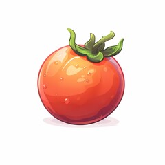 A single, ripe, red tomato with green stem and leaves, isolated on a white background.