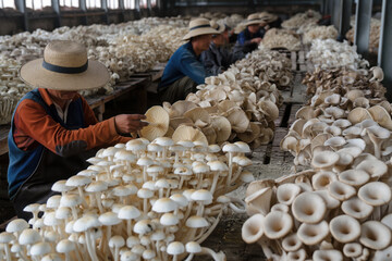 Mushroom farm workers sorting freshly grown organic mushrooms in a warehouse farm