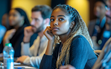 Fototapeta premium A focused young Black woman with blonde dreadlocks, in blue sweater and white shirt, listens intently at a business conference table.