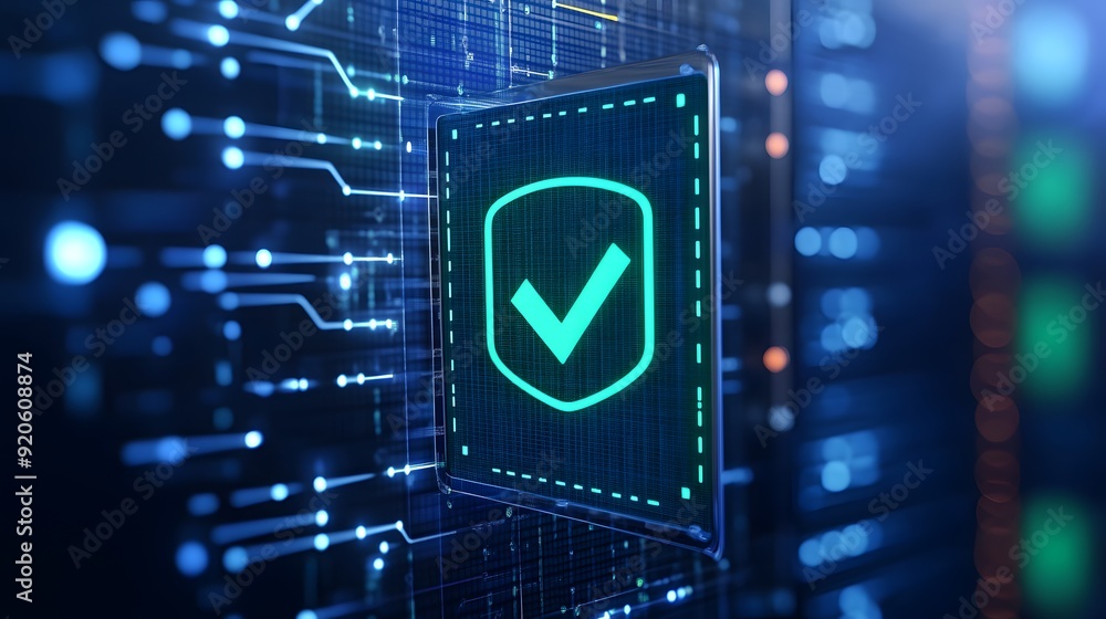 Poster cybersecurity concept with a digital checkmark shield icon on a futuristic blue server background, s