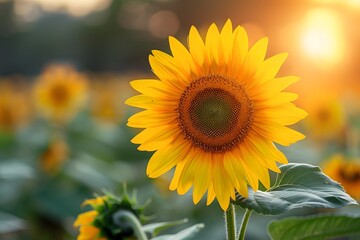 Obraz premium Close-Up of Sunflower Bloom at Sunset in Summer Field - Nature Photography for Posters and Prints