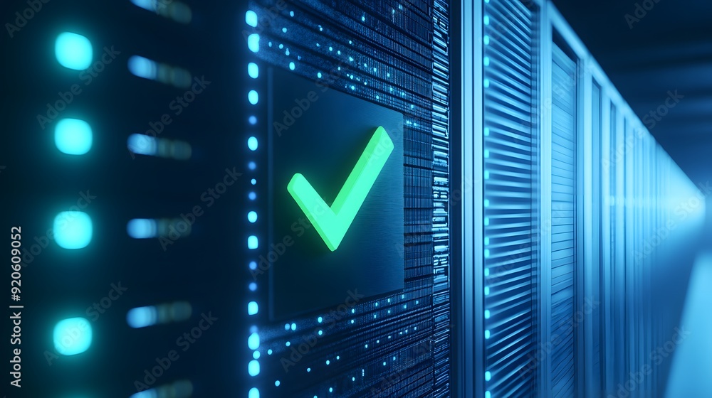 Poster data server room with a green check mark indicator. high tech infrastructure representing data manag