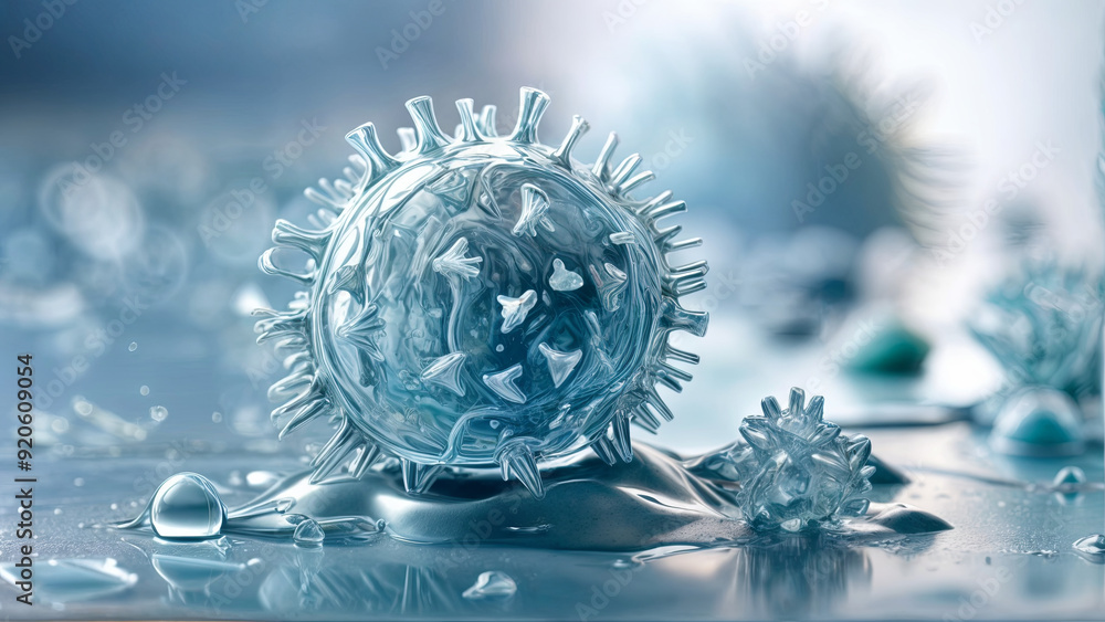 Poster a detailed rendering of a virus lies on a reflective surface, showcasing its structure during a scie