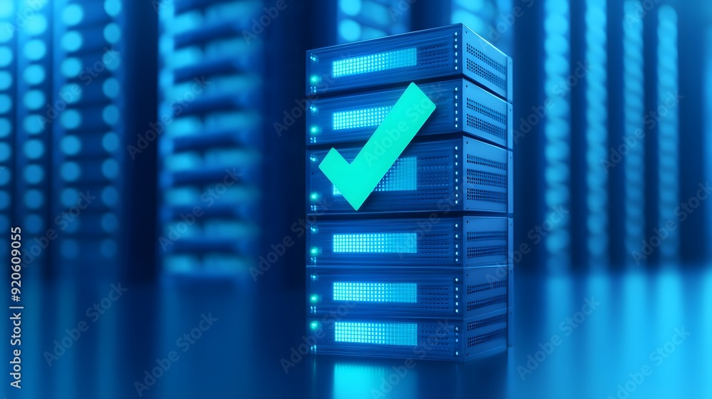 Poster data server with a blue checkmark in a modern data center, symbolizing reliability, connectivity, an