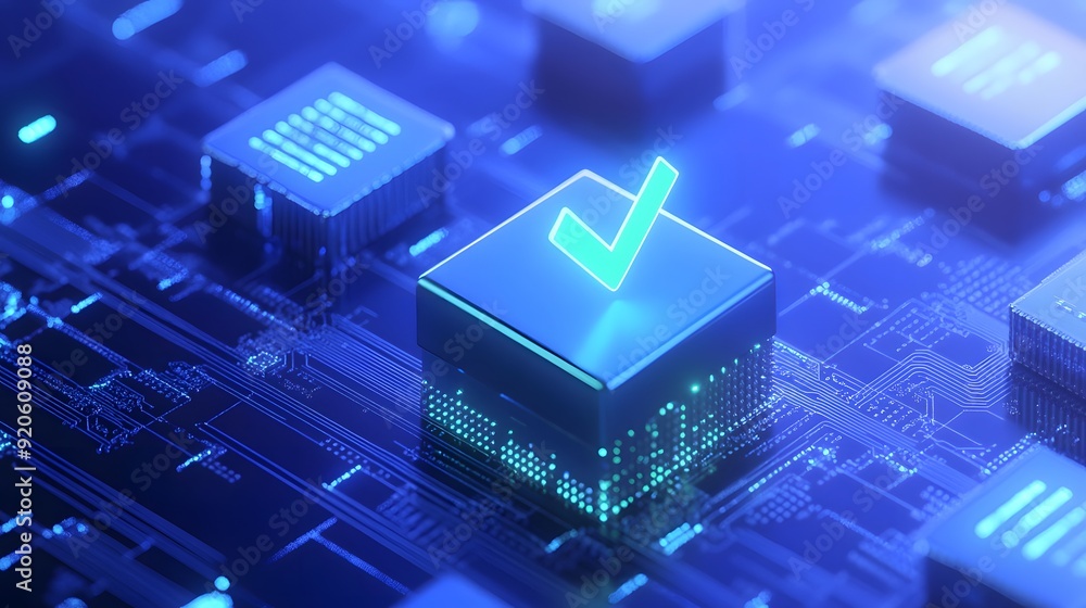 Poster detail of a digital circuit board with a glowing checkmark symbol. represents verification, security