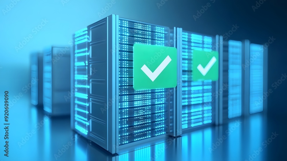 Poster data servers with glowing blue light and check marks indicating successful operations. modern techno