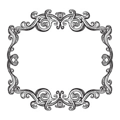 Hand drawing sketch of ornate design element. Abstract baroque style. Vector isolated engraving illustration. Vintage ornate element in old fashioned style for decoration, print and design.