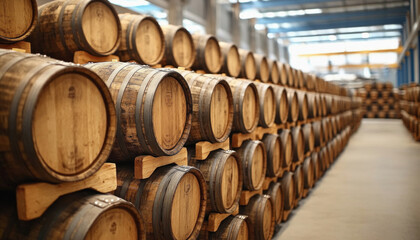 Wine barrels stacked in rows are ageing in a wine cellar