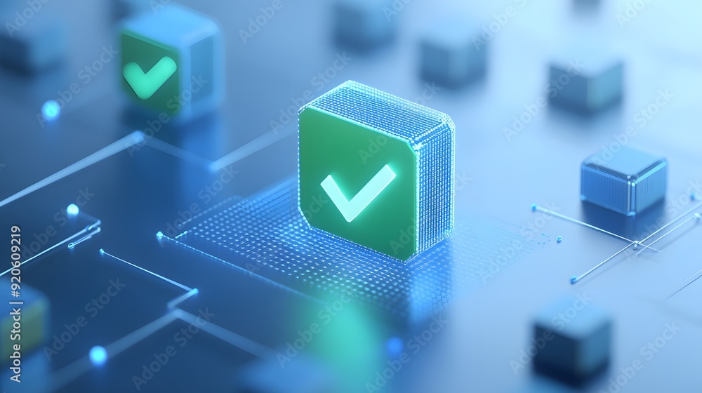 Poster Digital abstract representation of a verified checkmark in a futuristic, blockchain-style environment with glowing blue and green colors.
