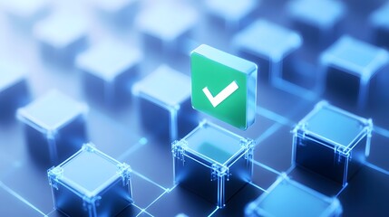 Digital abstract representation of blockchain technology with a highlighted verification mark. Concept of data security and digital verification.
