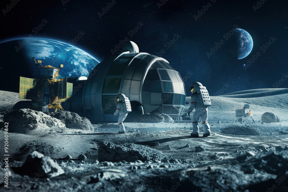 Poster astronauts exploring the surface of the moon near a futuristic moon base, with the earth visible in 
