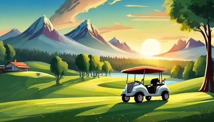 Golf cart car in fairway of golf course with fresh green grass field and cloud sky and tree on sunset time 