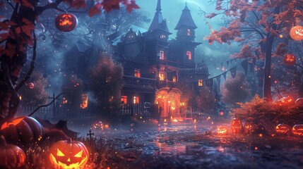 big house in river with pumpkins and tree leaves