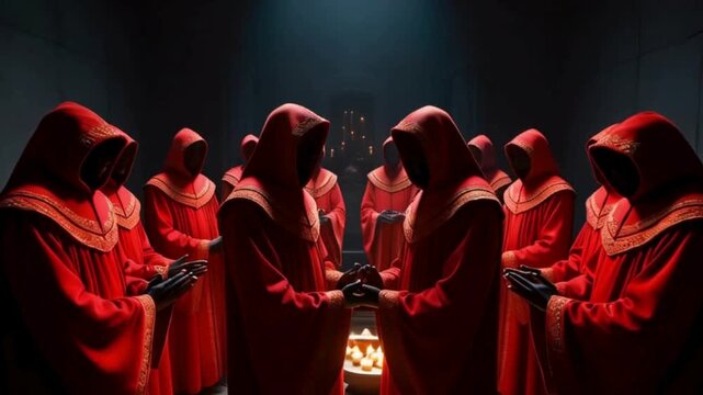 Group of Hooded Figures in Red Robes Standing in a Circle with a Candle in the Center
