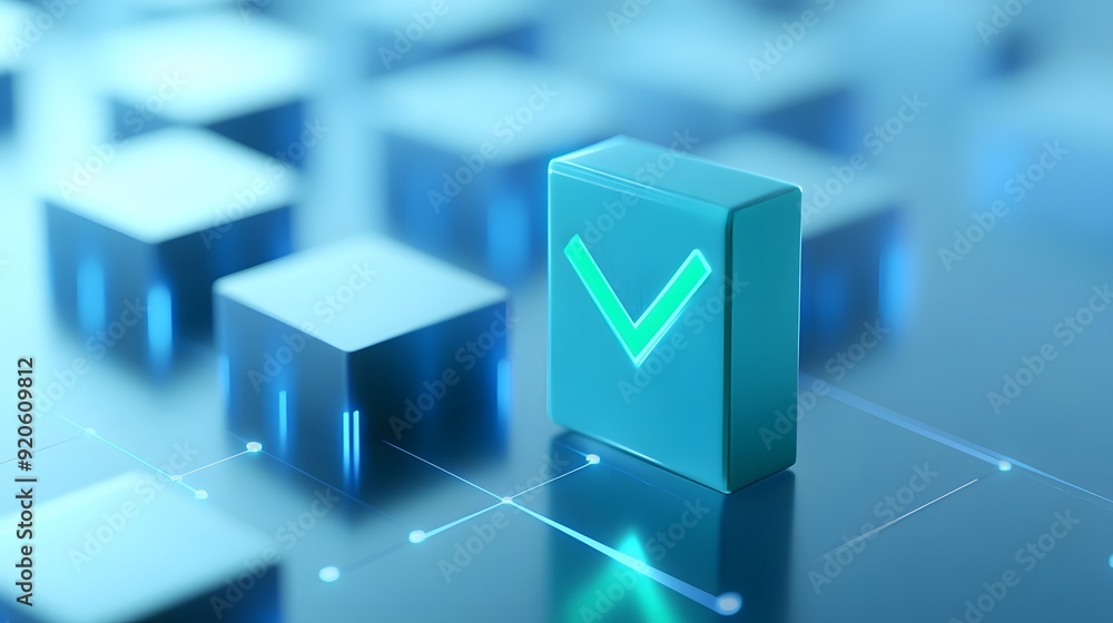 Poster digital blue checkmark symbol on futuristic block background, representing approval, verification, a