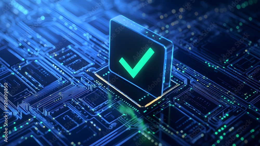 Poster digital check mark glowing on a futuristic circuit board, symbolizing cybersecurity or successful te