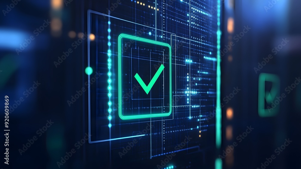 Poster digital check mark icon on futuristic tech interface screen, representing data verification, validat