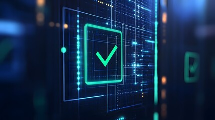 Digital check mark icon on futuristic tech interface screen, representing data verification, validation, and security in a digital environment.