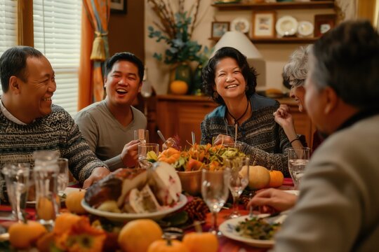 Large multi generational family is laughing and enjoying their thanksgiving dinner together
