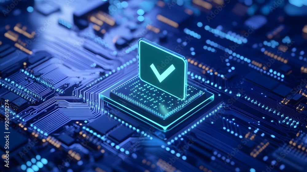 Aufkleber digital checkmark glowing on a microchip illustrating concepts like cybersecurity, validation, or te