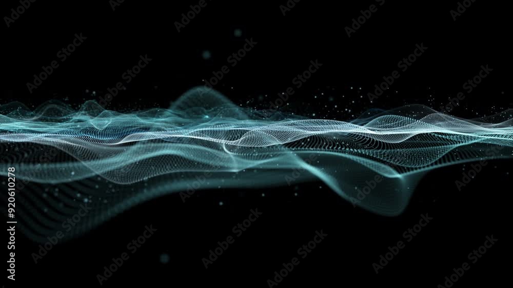 Poster futuristic video animation with particle wave object in slow motion, 4096x2304 loop 4k