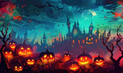 bunch of pumpkins in front of church in green sky