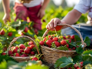 People picking fresh strawberries in a sunny field during the summer harvest season