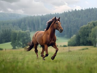 Brown horse galloping through a green meadow in a wooded landscape under a cloudy sky