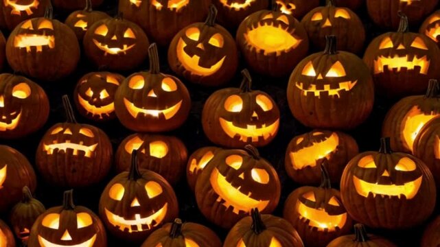 Many Pumpkins with Lit Faces. Halloween concept 