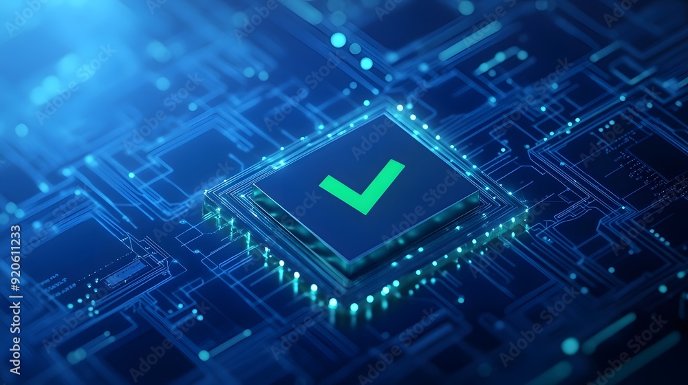 Poster digital circuit board with green checkmark, symbolizing successful validation and security in techno