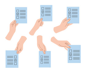 Voting, elections 2024. Hands holding ballot papers. Vector flat illustration