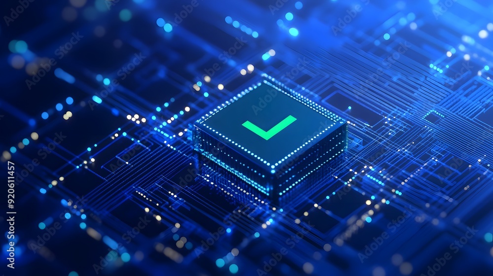 Poster digital circuit with a check mark symbol, representing successful technology verification and electr