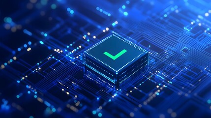 Digital circuit with a check mark symbol, representing successful technology verification and electronic testing on a blue background.