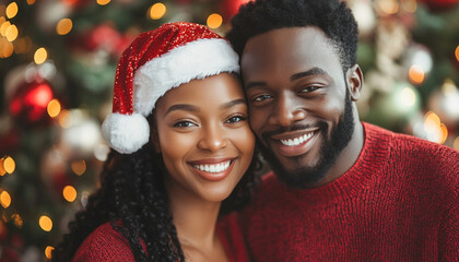 Young couple wearing santa hat smiling celebrating christmas at home