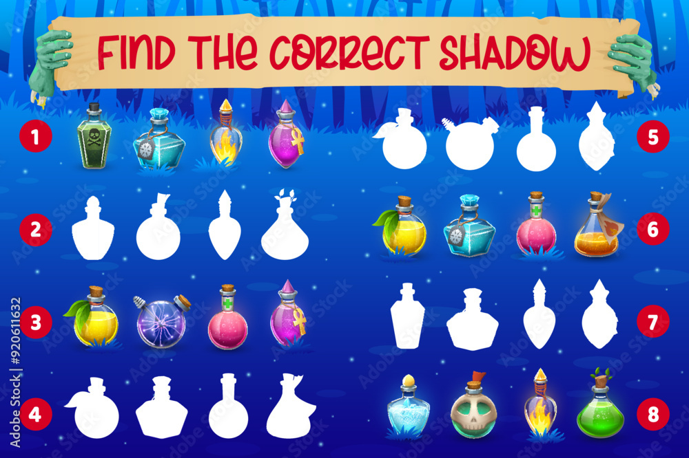 Poster halloween kids game. find a correct shadow of potion bottles puzzle quiz. vector worksheet of childr