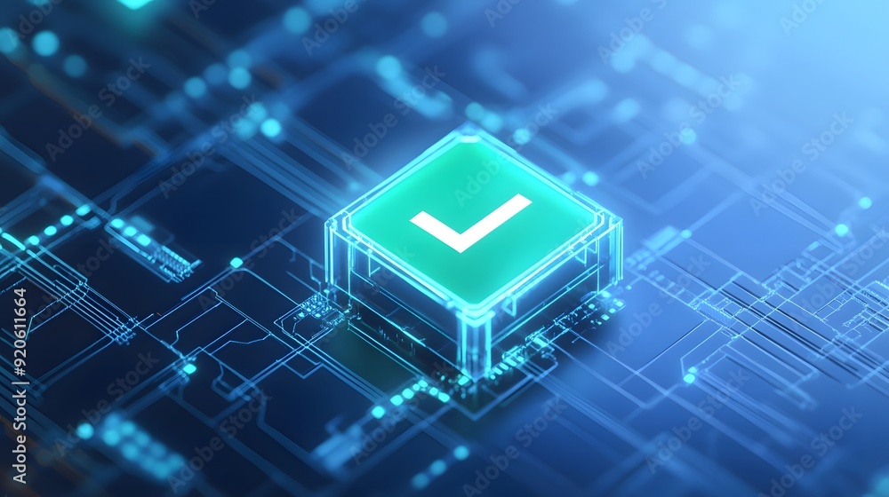 Poster digital futuristic checkmark on a blue circuit board background representing technology, approval, a