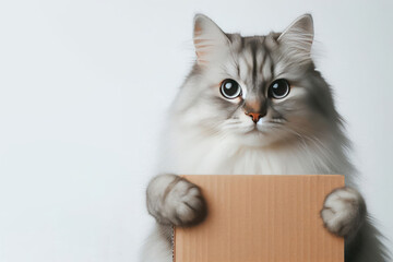 The cat is holding a blank cardboard. Space for text.