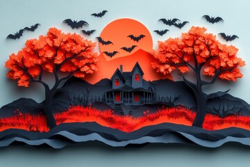 Creative Paper Art Haunted House with Bats and Ghosts
