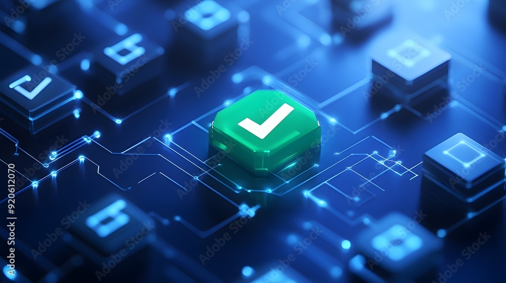 Poster digital illustration of a green checkmark button on a futuristic keyboard, representing approval and