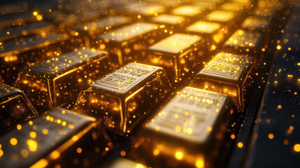Close-up of a keyboard with golden highlights, illuminated by sparkling light particles, creating a magical and enchanting effect.
