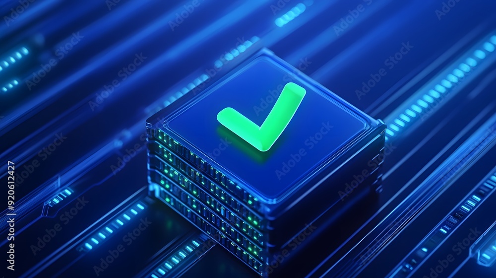 Poster digital representation of a green checkmark glowing above a technological circuit board, symbolizing