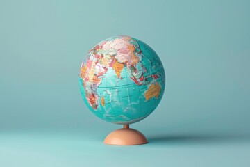 Detailed globe showcasing world map with vivid colors on a pastel blue background, highlighting geography and travel themes.