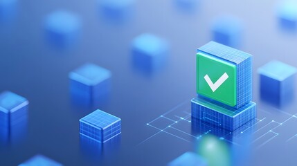 Digital representation of a secure and verified data block. Blue background with a prominent checkmark icon.