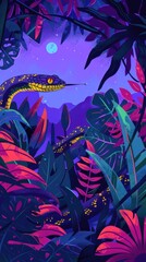 Neon snake in a dark jungle surrounded by tropical leaves, with glowing vibrant colors creating a mystical atmosphere. ai