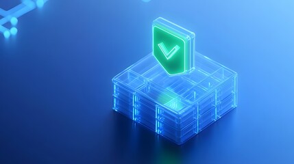 Digital representation of a secure system with a glowing check mark shield. Concept of data protection and cybersecurity.
