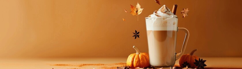 Pumpkin spice latte with whipped cream surrounded by falling autumn leaves, spices, and pumpkins on a warm, seasonal background. ai
