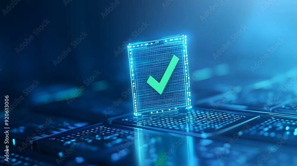 Poster digital security concept with a glowing checkmark icon on a futuristic, blue-toned interface backgro