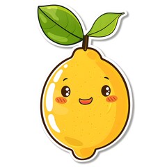 Cute Yellow Lemon Sticker on White Background, Playful and Adorable Lemon Design with a Cheerful Expression, Perfect for Fruit-Themed Decoration and Summer Items